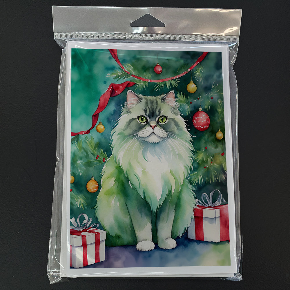 Persian Cat By the Christmas Tree Greeting Cards Pack of 8