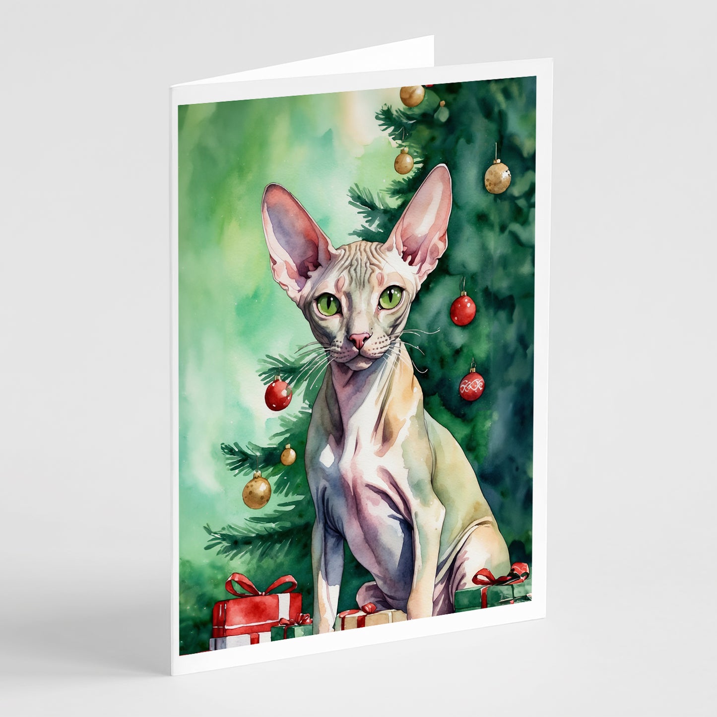 Buy this Peterbald Cat By the Christmas Tree Greeting Cards Pack of 8