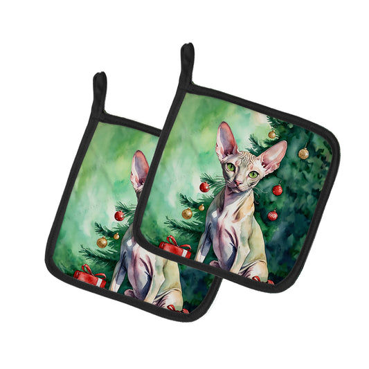 Buy this Peterbald Cat By the Christmas Tree Pair of Pot Holders