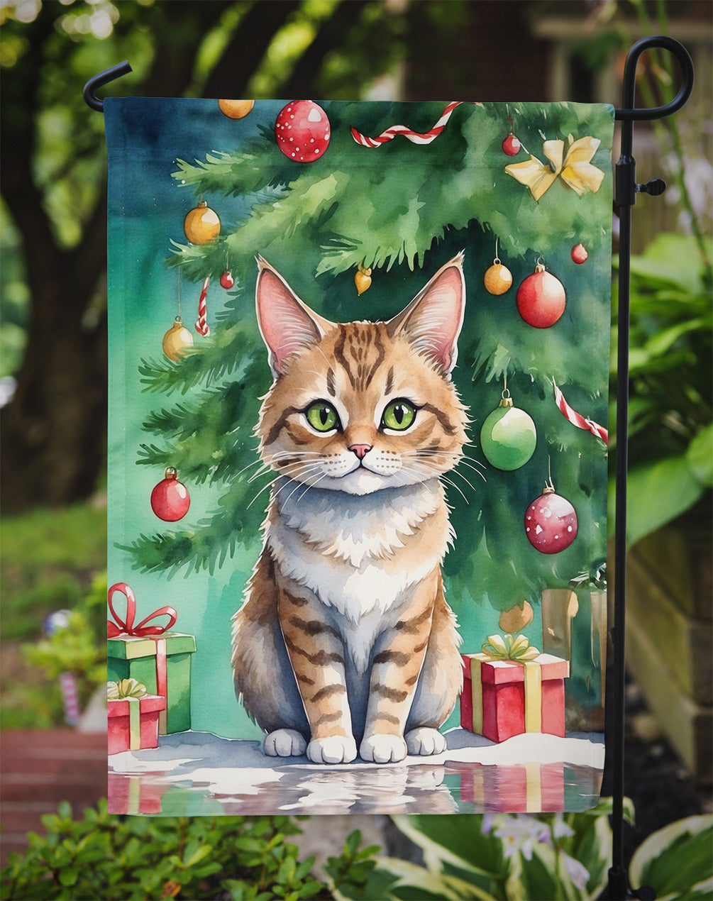 Pixie Bob Cat By the Christmas Tree Garden Flag