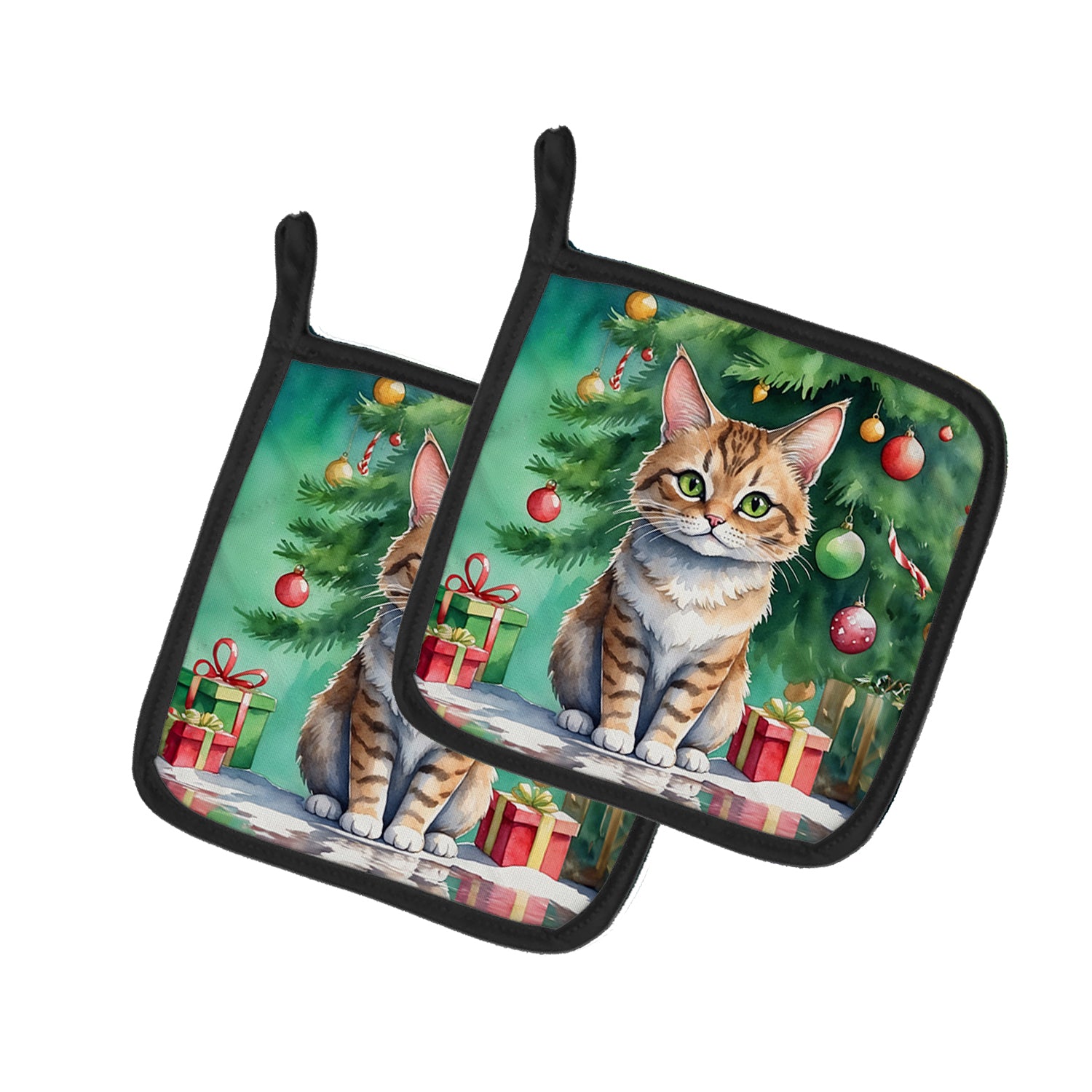 Buy this Pixie Bob Cat By the Christmas Tree Pair of Pot Holders