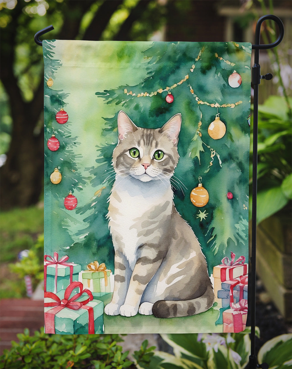 Pudelkatze Cat By the Christmas Tree Garden Flag