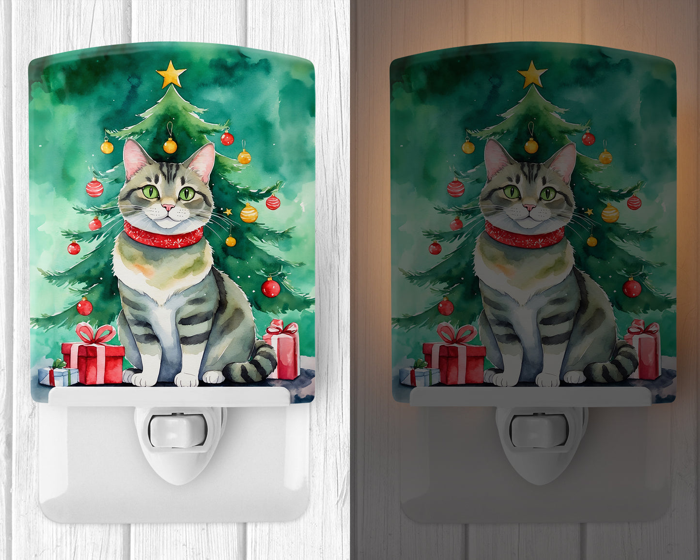 Raas Cat By the Christmas Tree Ceramic Night Light