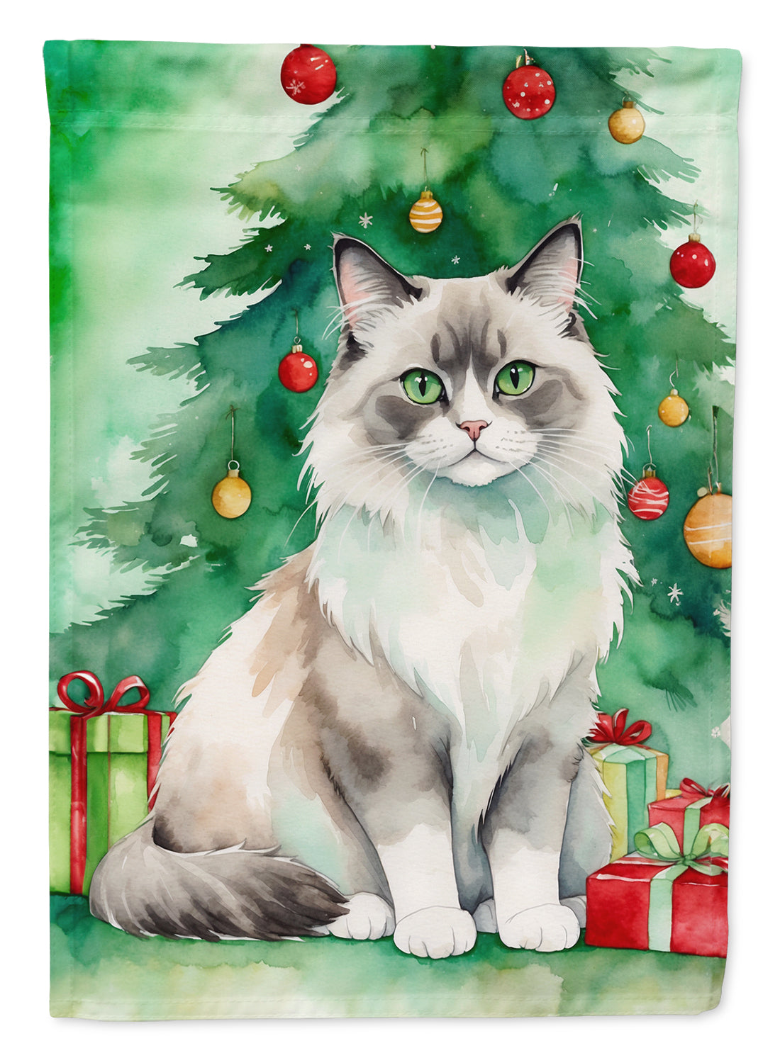 Buy this Ragdoll Cat By the Christmas Tree House Flag