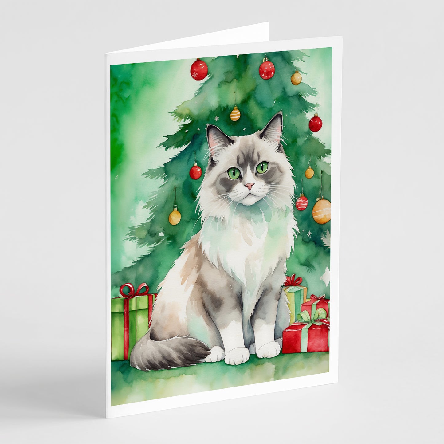 Buy this Ragdoll Cat By the Christmas Tree Greeting Cards Pack of 8