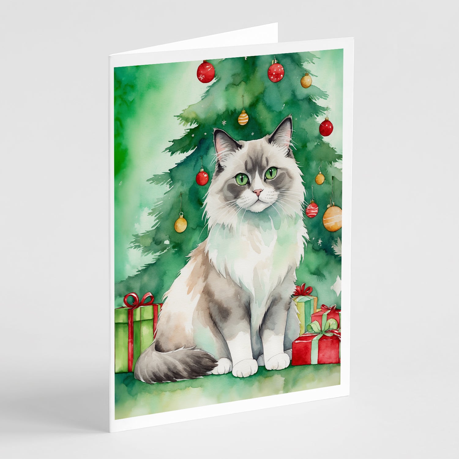 Buy this Ragdoll Cat By the Christmas Tree Greeting Cards Pack of 8