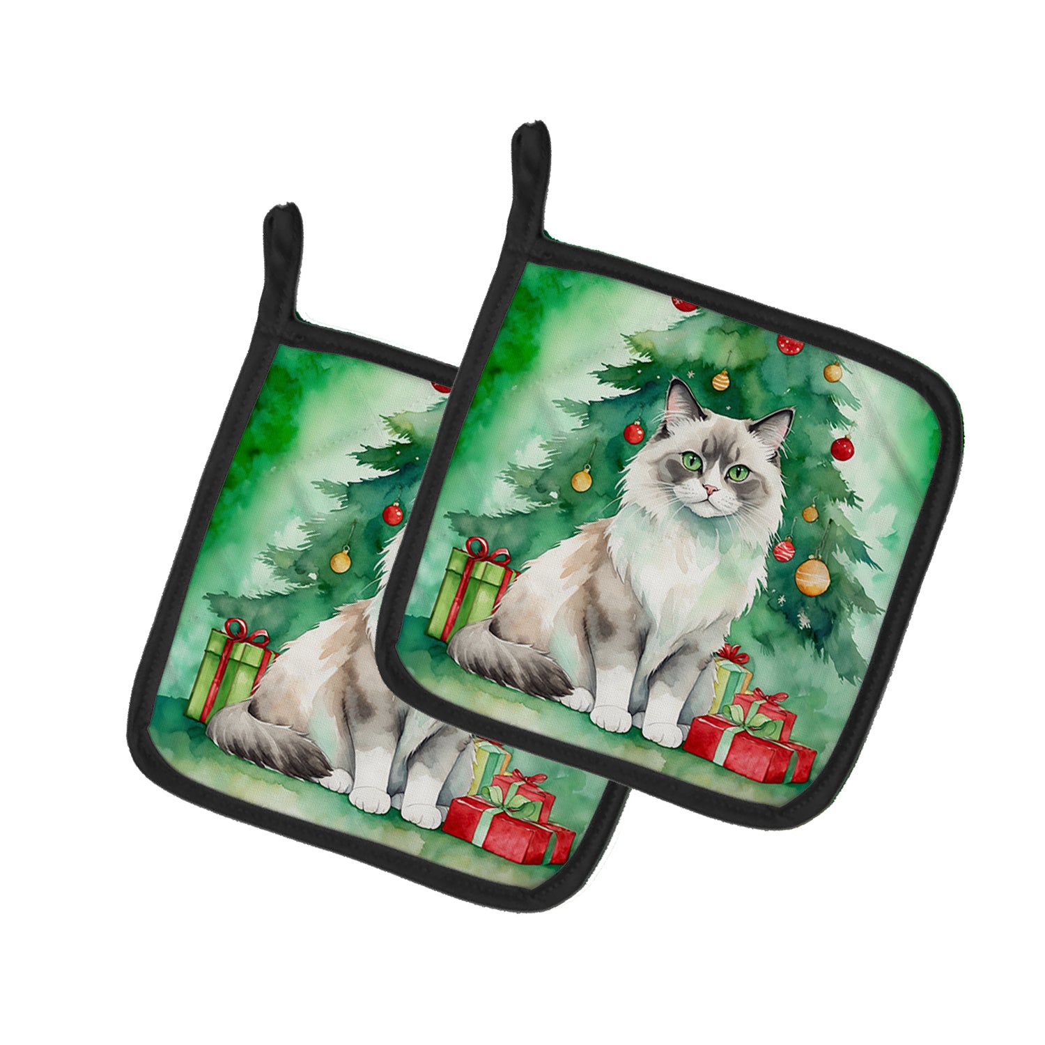 Buy this Ragdoll Cat By the Christmas Tree Pair of Pot Holders