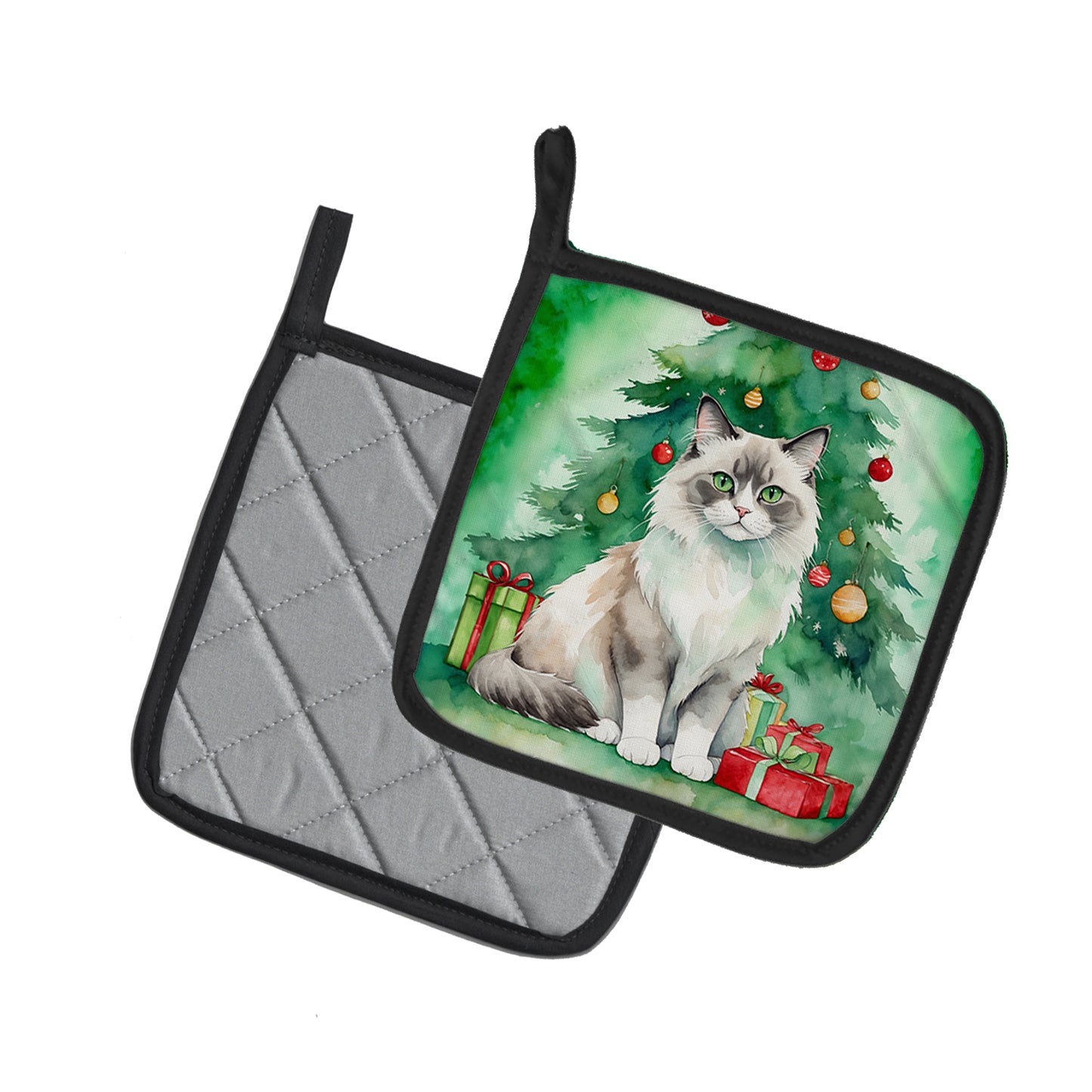 Ragdoll Cat By the Christmas Tree Pair of Pot Holders