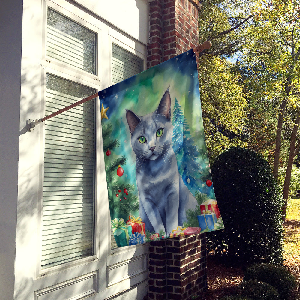 Russian Blue Cat By the Christmas Tree House Flag