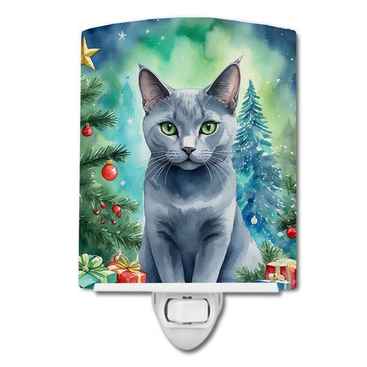 Buy this Russian Blue Cat By the Christmas Tree Ceramic Night Light