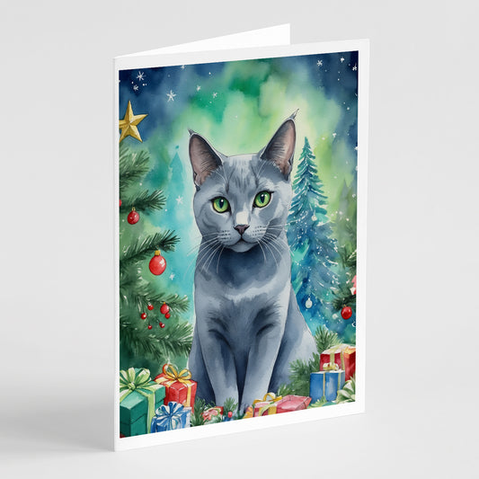 Buy this Russian Blue Cat By the Christmas Tree Greeting Cards Pack of 8