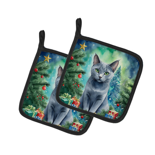 Buy this Russian Blue Cat By the Christmas Tree Pair of Pot Holders