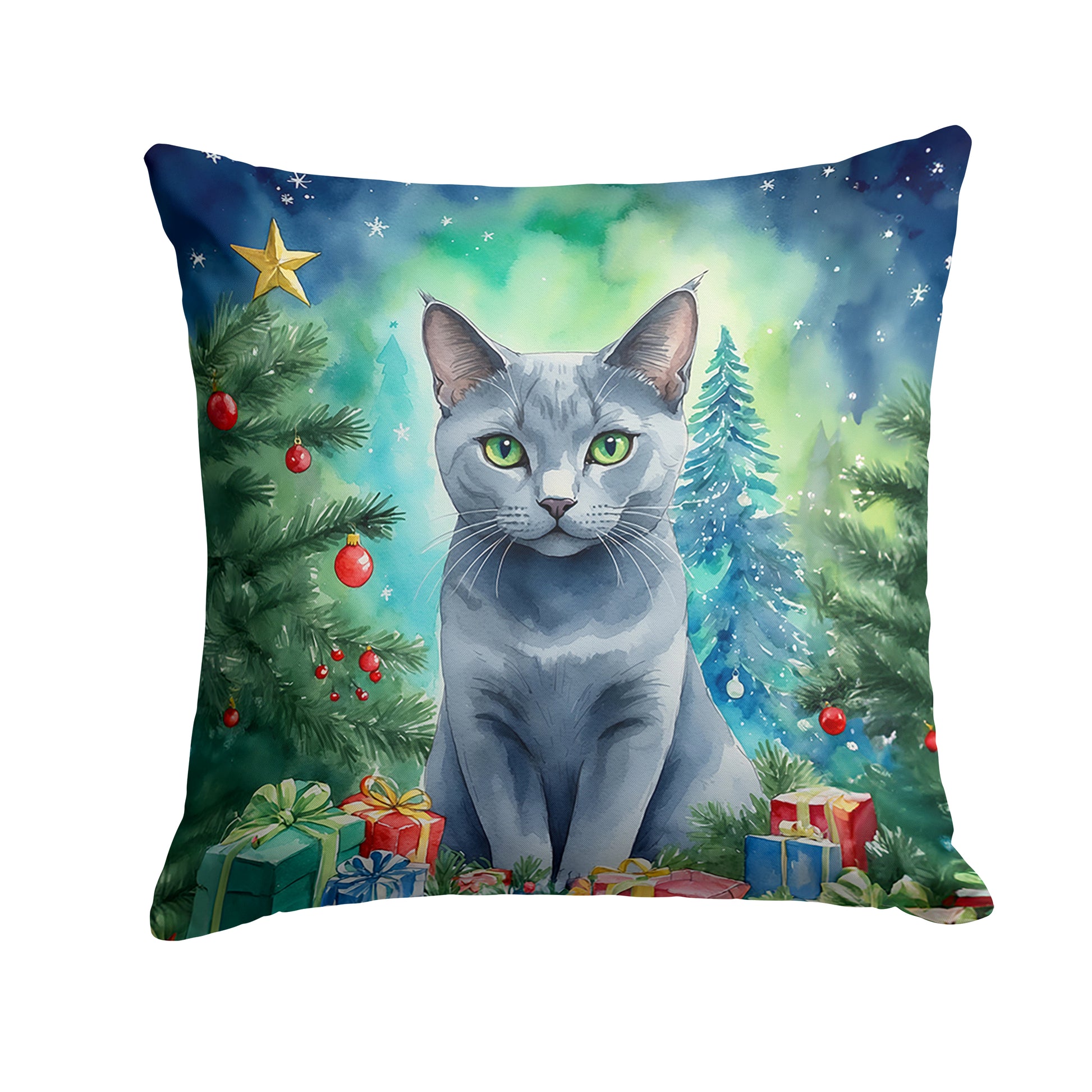 Buy this Russian Blue Cat By the Christmas Tree Throw Pillow