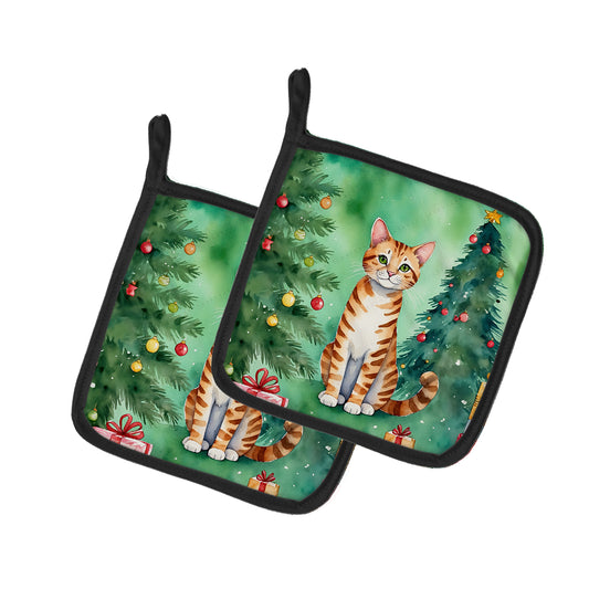 Buy this Safari Cat By the Christmas Tree Pair of Pot Holders