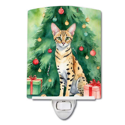 Buy this Savannah Cat By the Christmas Tree Ceramic Night Light