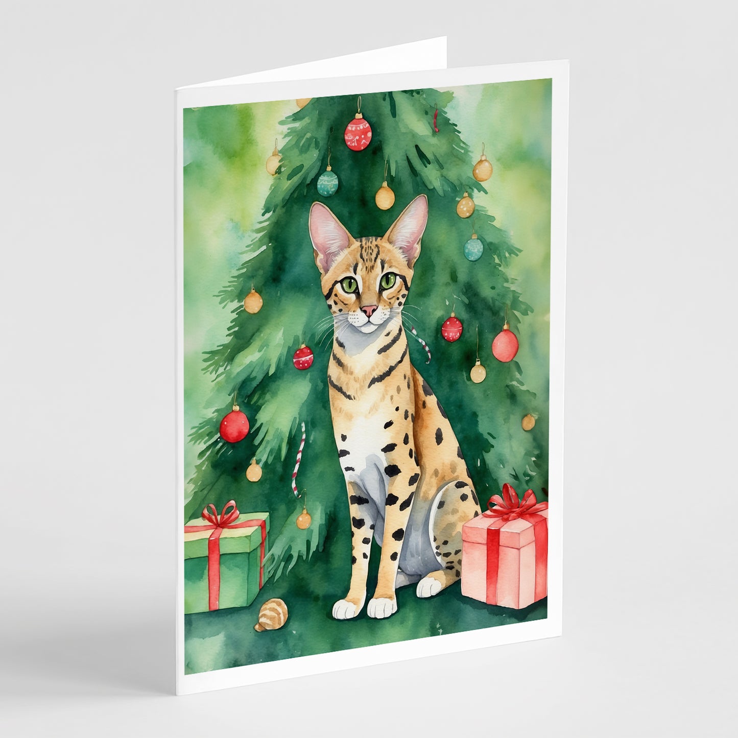 Buy this Savannah Cat By the Christmas Tree Greeting Cards Pack of 8