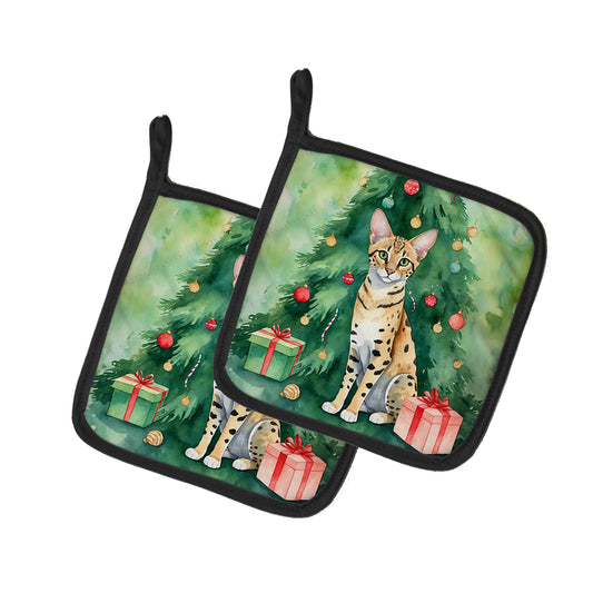 Buy this Savannah Cat By the Christmas Tree Pair of Pot Holders