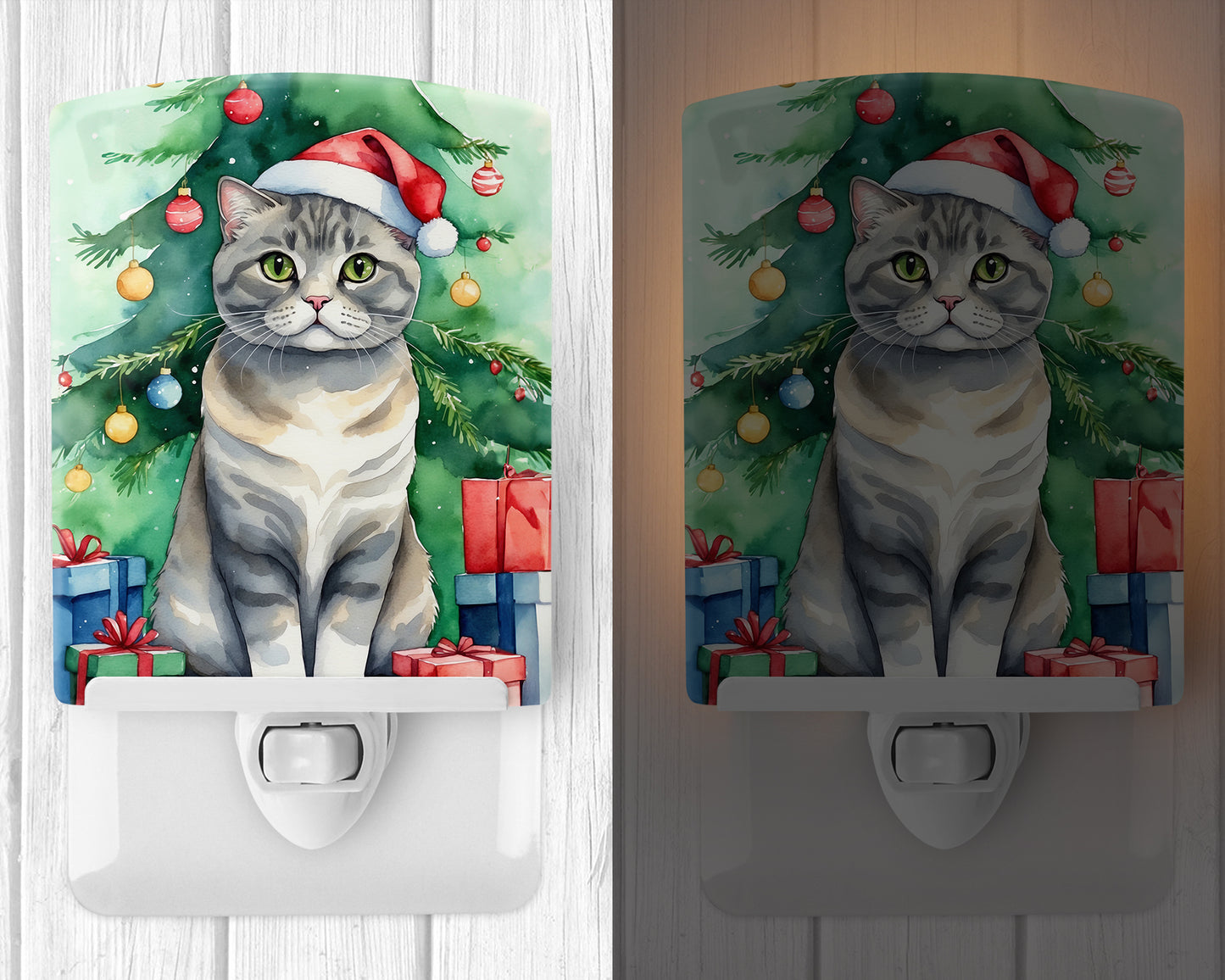 Scottish Fold Cat By the Christmas Tree Ceramic Night Light