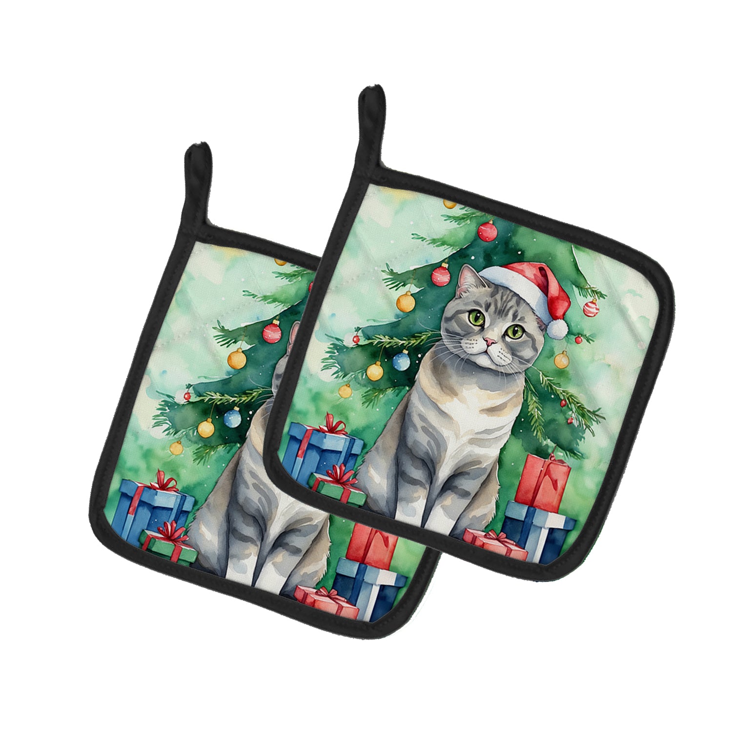 Buy this Scottish Fold Cat By the Christmas Tree Pair of Pot Holders