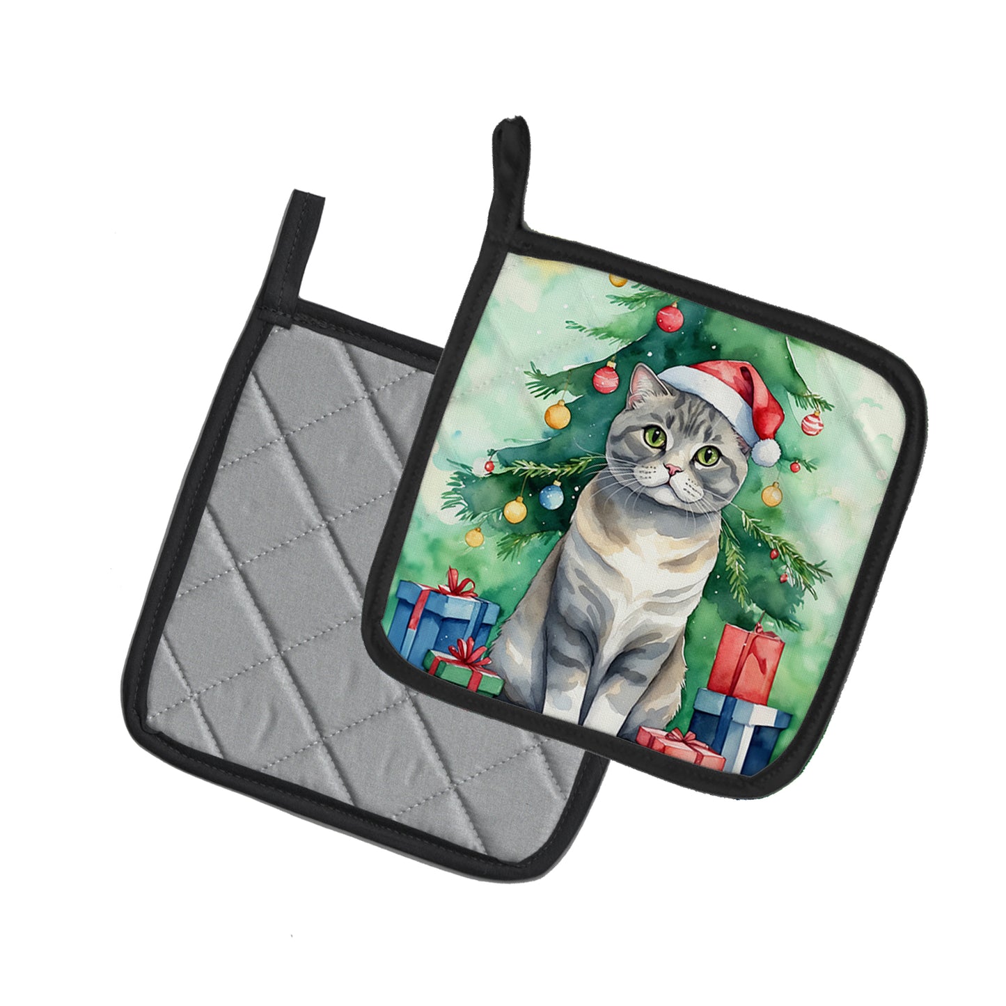 Scottish Fold Cat By the Christmas Tree Pair of Pot Holders