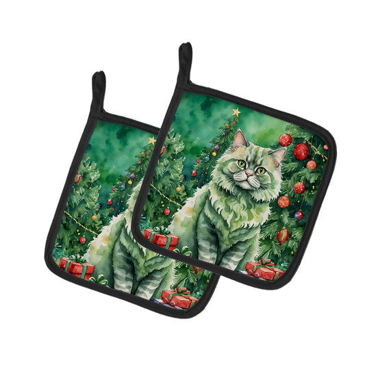 Buy this Selkirk Rex Cat By the Christmas Tree Pair of Pot Holders