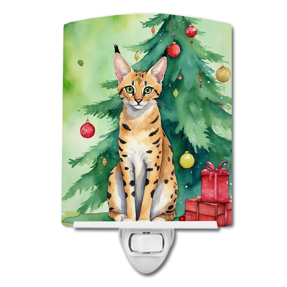 Buy this Serengeti Cat By the Christmas Tree Ceramic Night Light