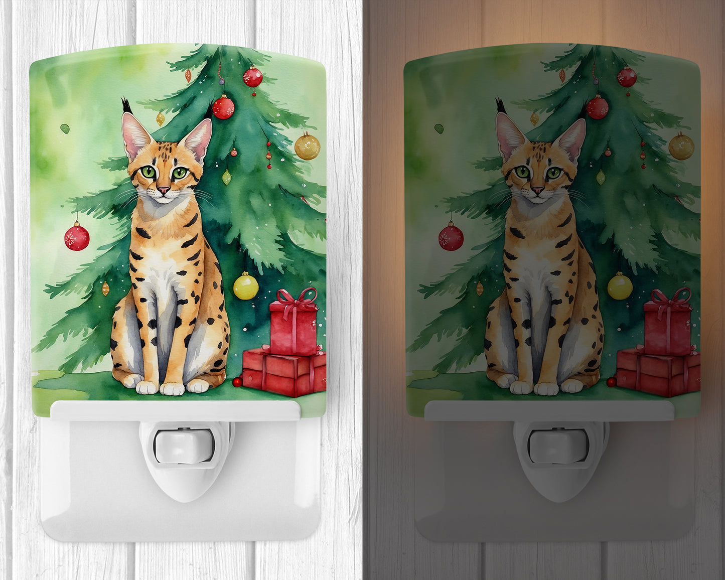 Serengeti Cat By the Christmas Tree Ceramic Night Light