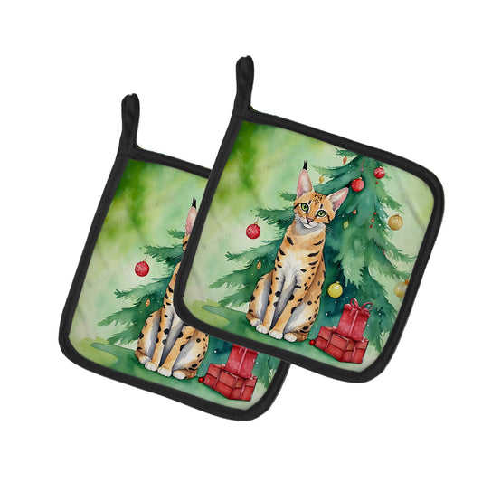 Buy this Serengeti Cat By the Christmas Tree Pair of Pot Holders