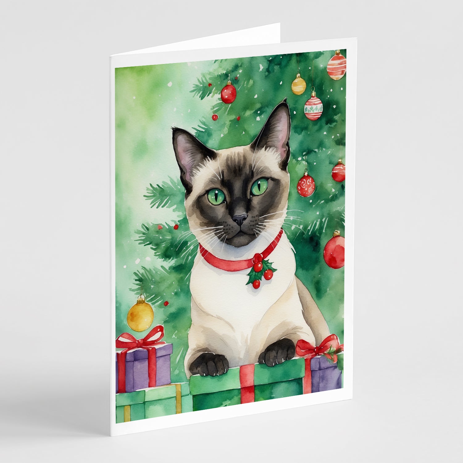 Buy this Siamese Cat By the Christmas Tree Greeting Cards Pack of 8