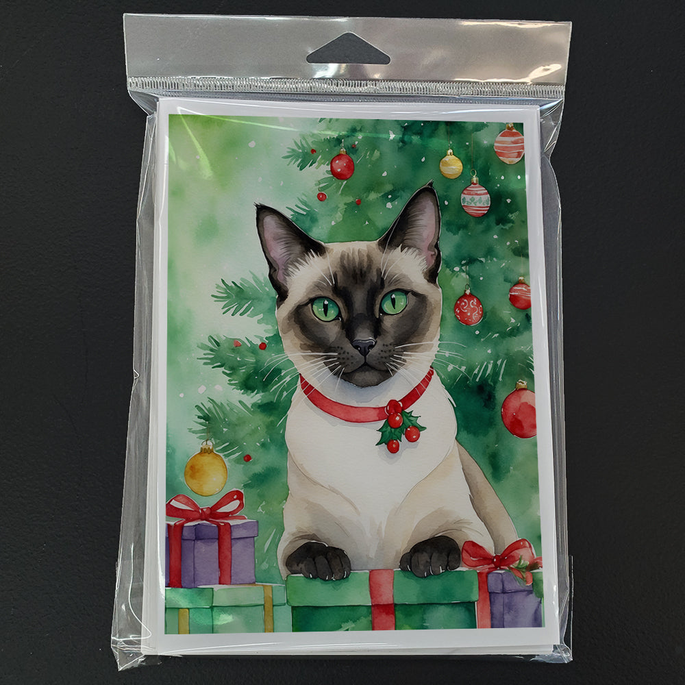 Siamese Cat By the Christmas Tree Greeting Cards Pack of 8