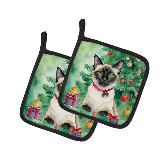 Buy this Siamese Cat By the Christmas Tree Pair of Pot Holders