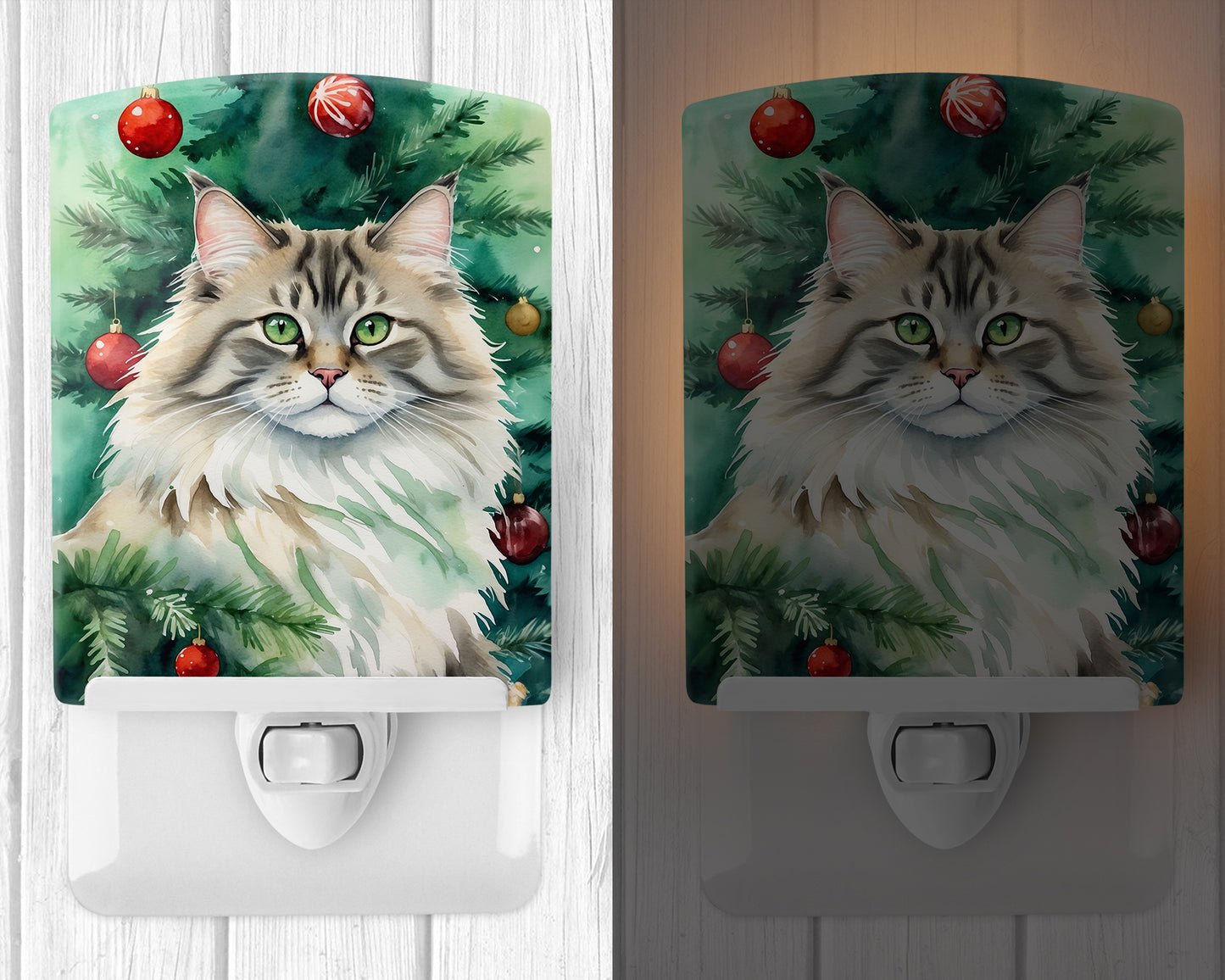 Siberian Cat By the Christmas Tree Ceramic Night Light