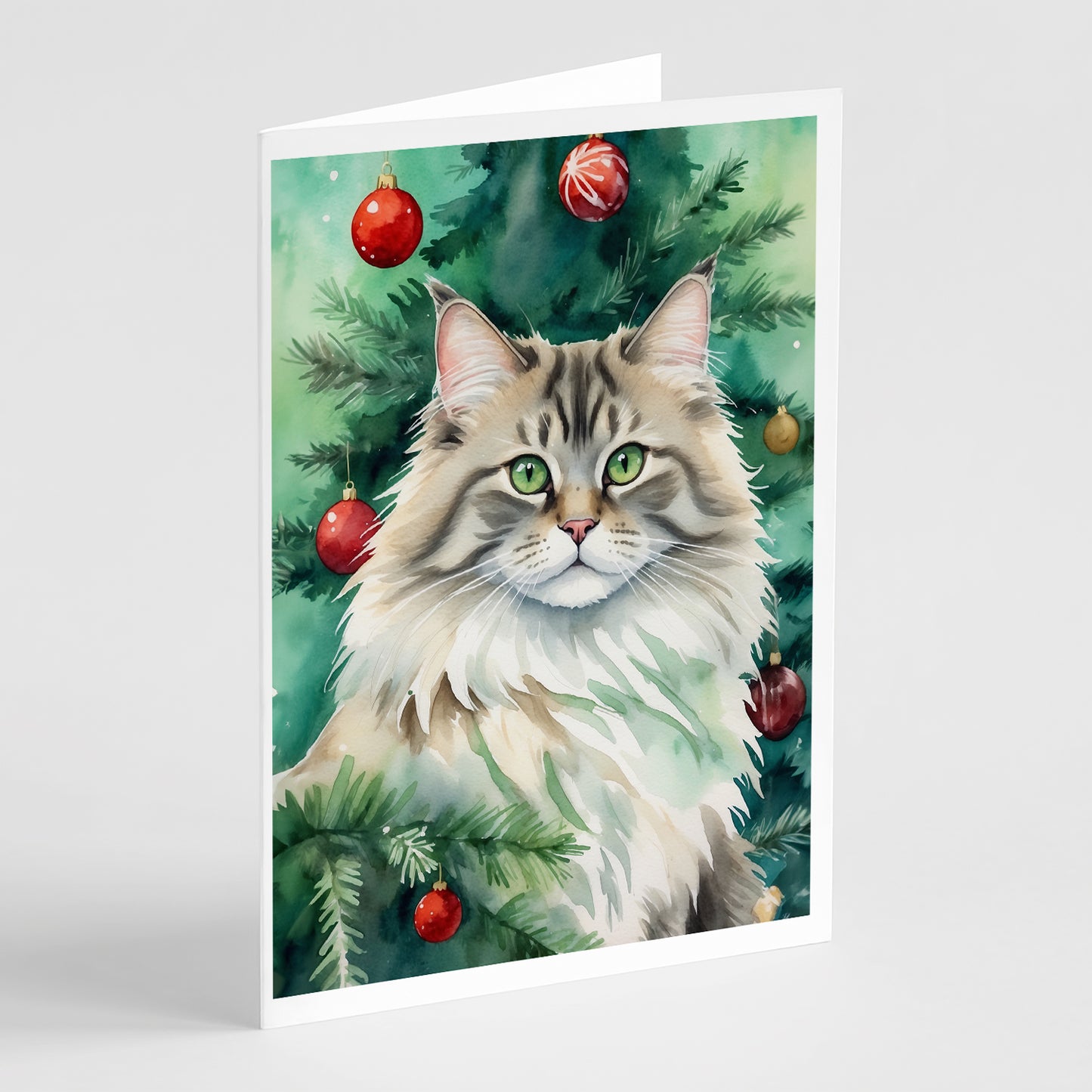 Buy this Siberian Cat By the Christmas Tree Greeting Cards Pack of 8