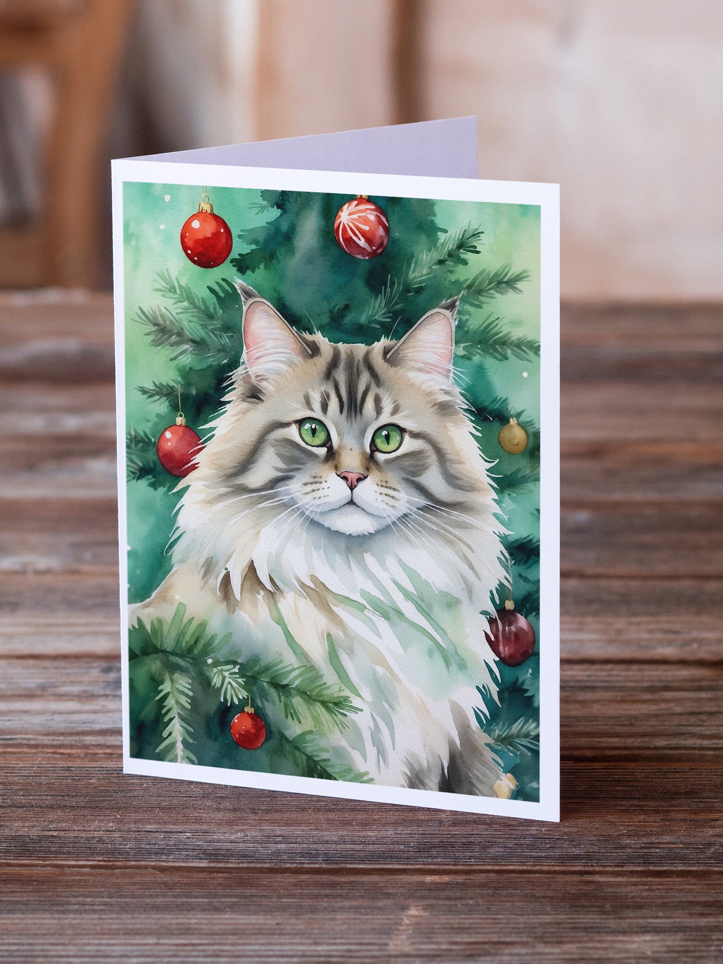 Siberian Cat By the Christmas Tree Greeting Cards Pack of 8