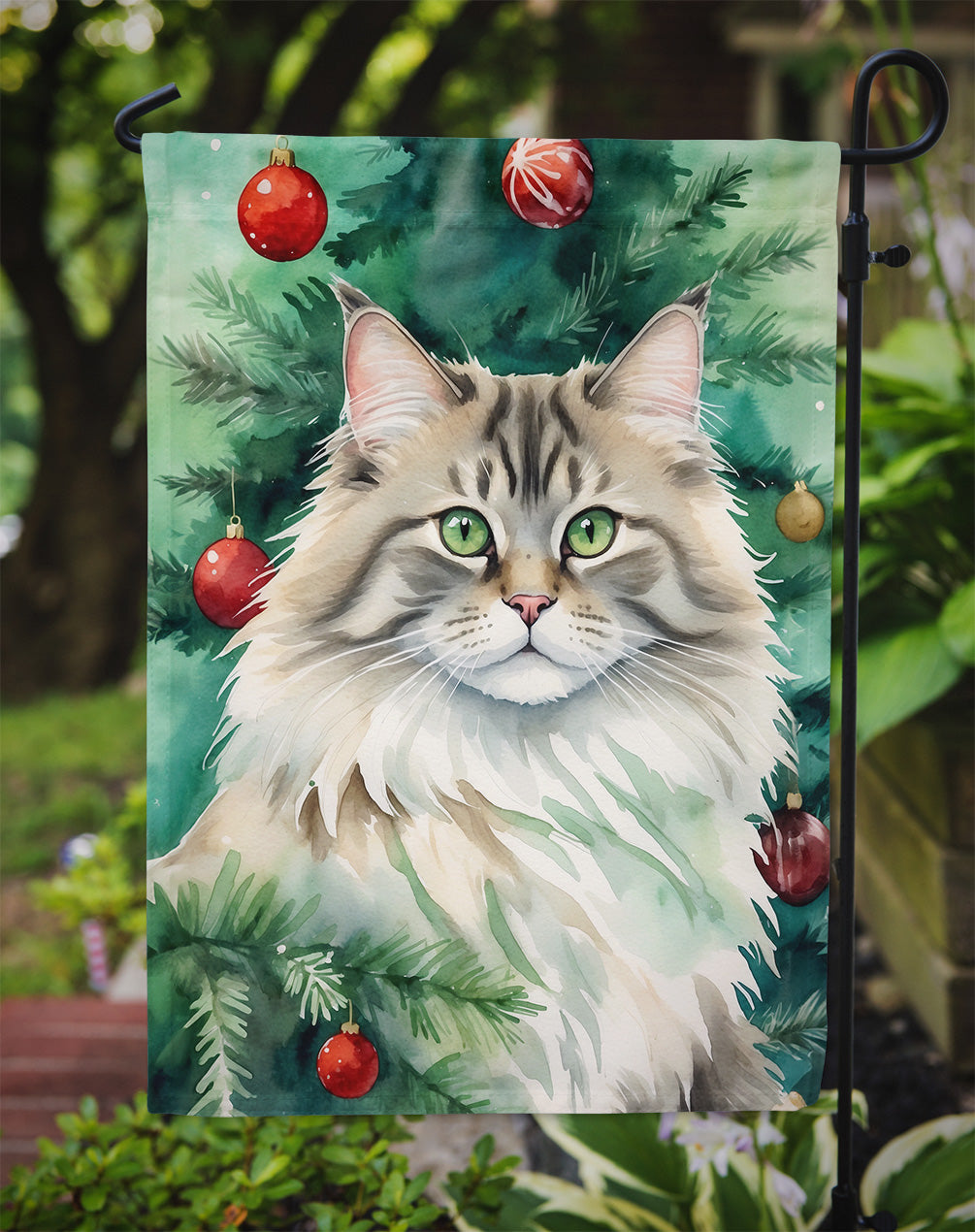 Siberian Cat By the Christmas Tree Garden Flag