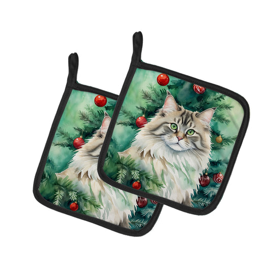 Buy this Siberian Cat By the Christmas Tree Pair of Pot Holders