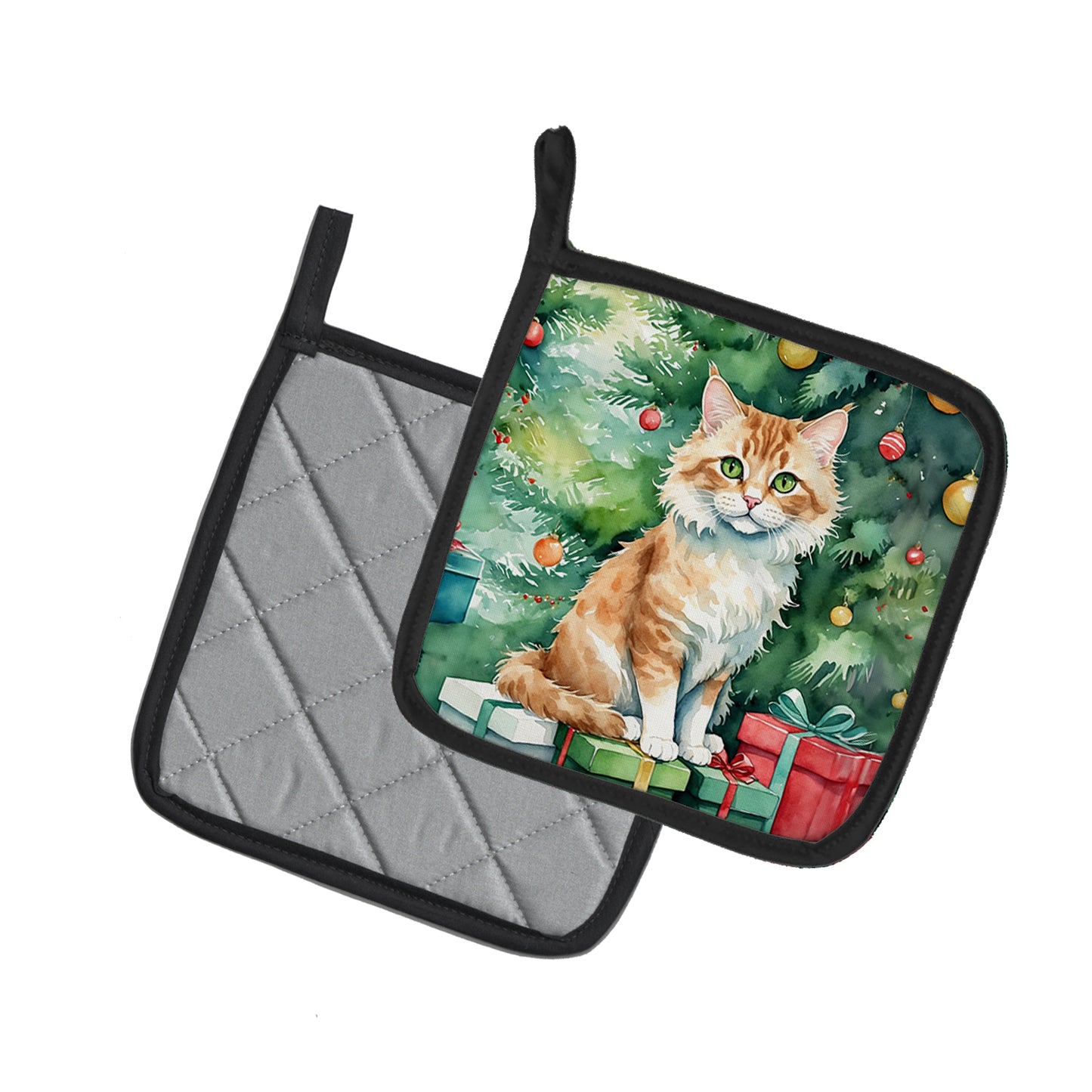 Skookum Cat By the Christmas Tree Pair of Pot Holders