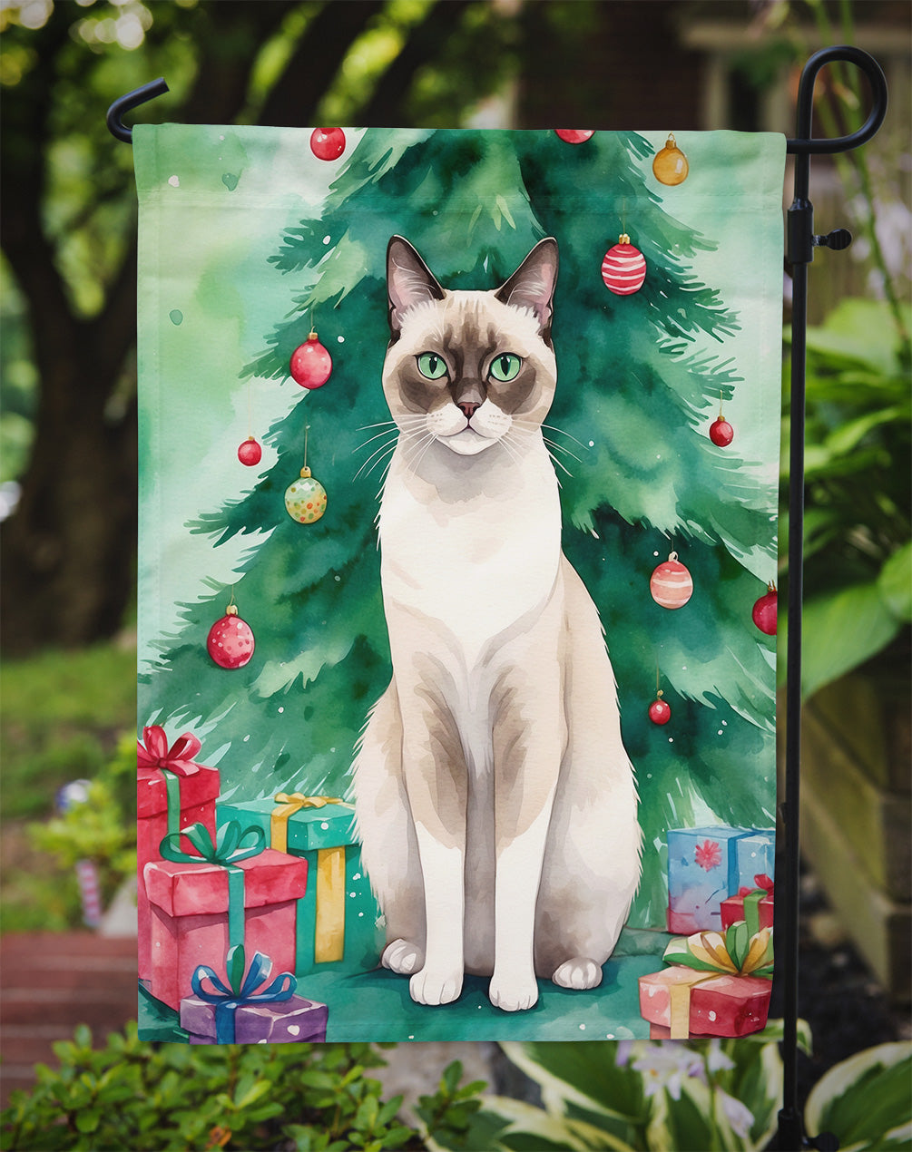 Snowshoe Cat By the Christmas Tree Garden Flag