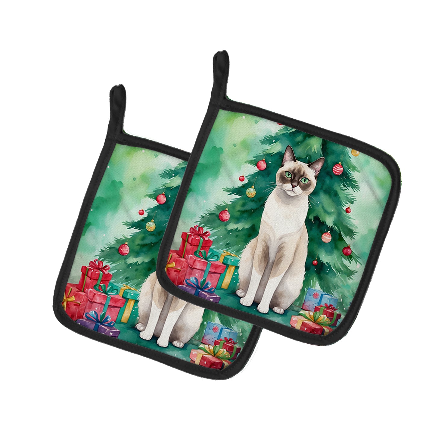 Buy this Snowshoe Cat By the Christmas Tree Pair of Pot Holders