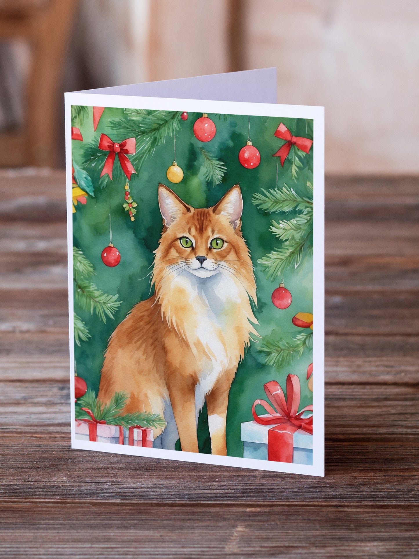 Somali Cat By the Christmas Tree Greeting Cards Pack of 8