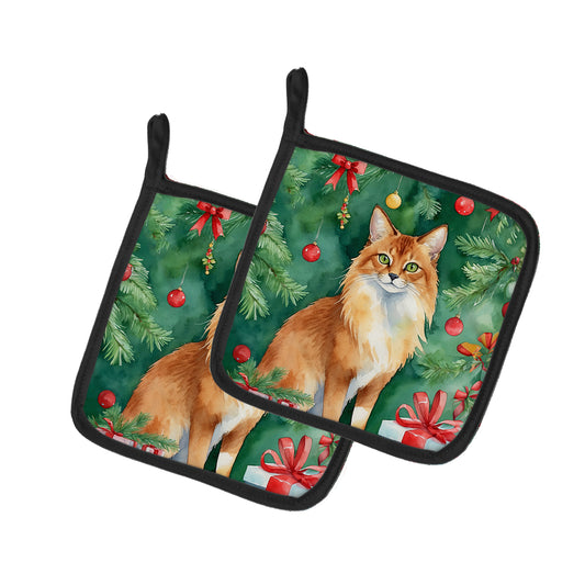 Buy this Somali Cat By the Christmas Tree Pair of Pot Holders