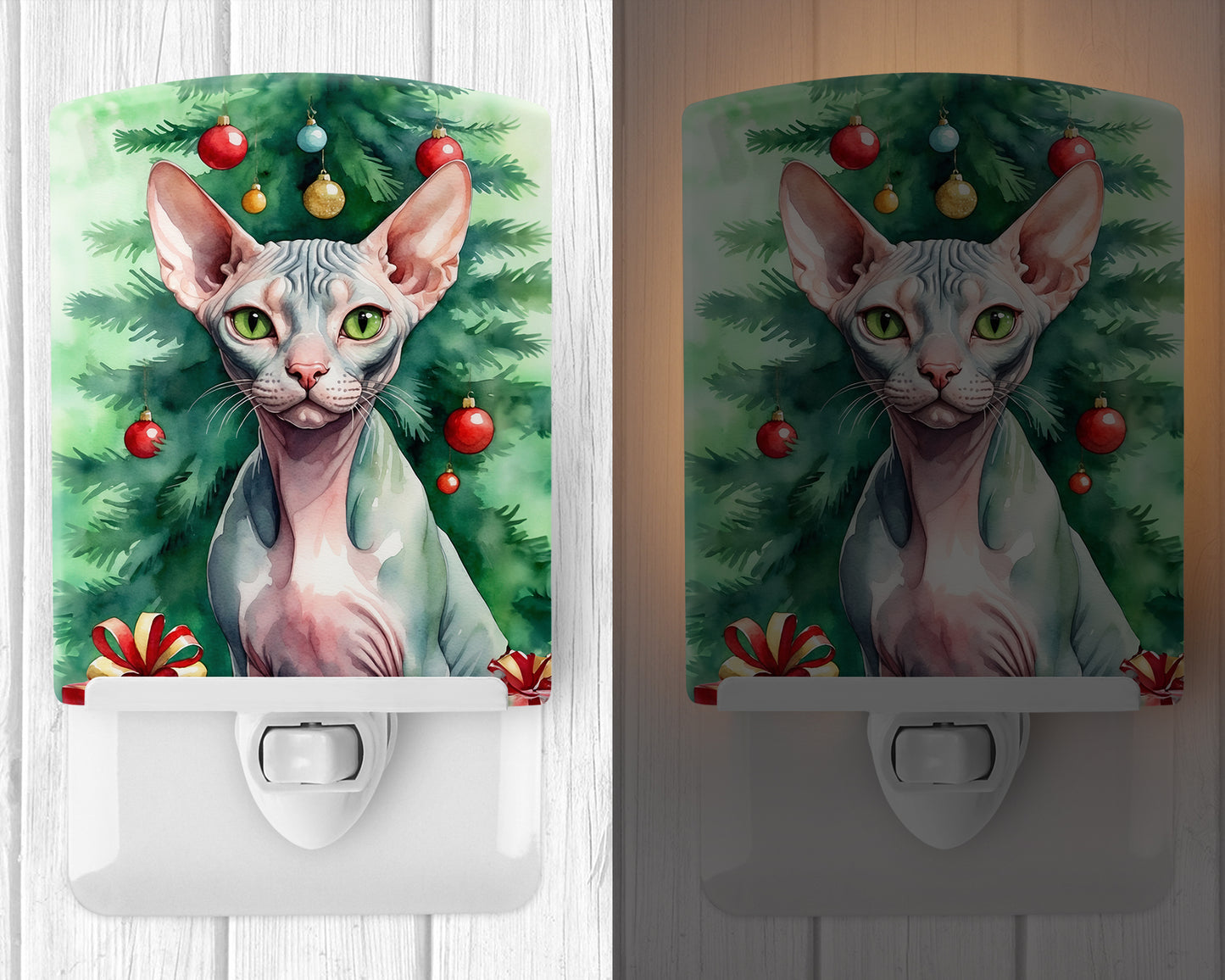 Sphynx Cat By the Christmas Tree Ceramic Night Light