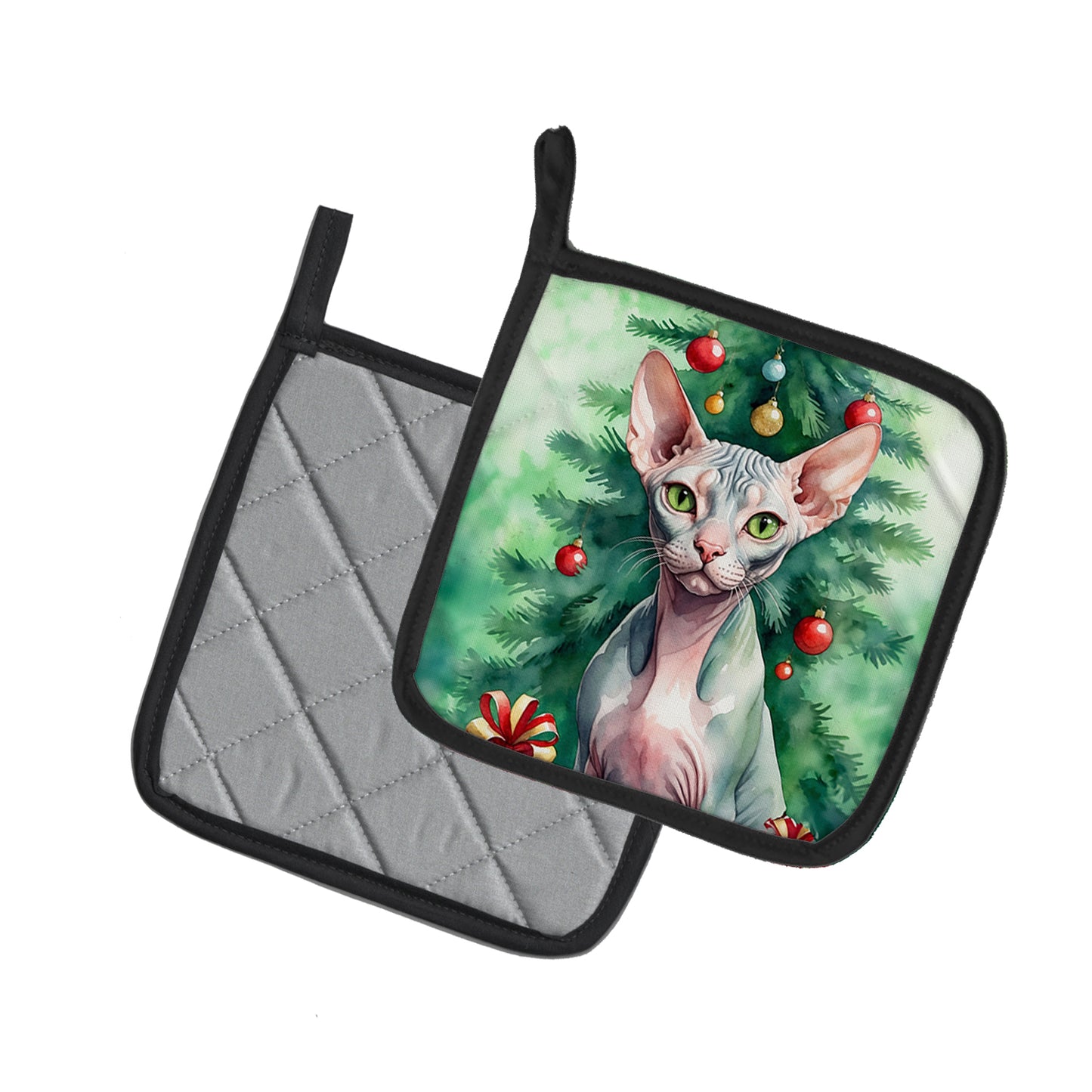 Sphynx Cat By the Christmas Tree Pair of Pot Holders