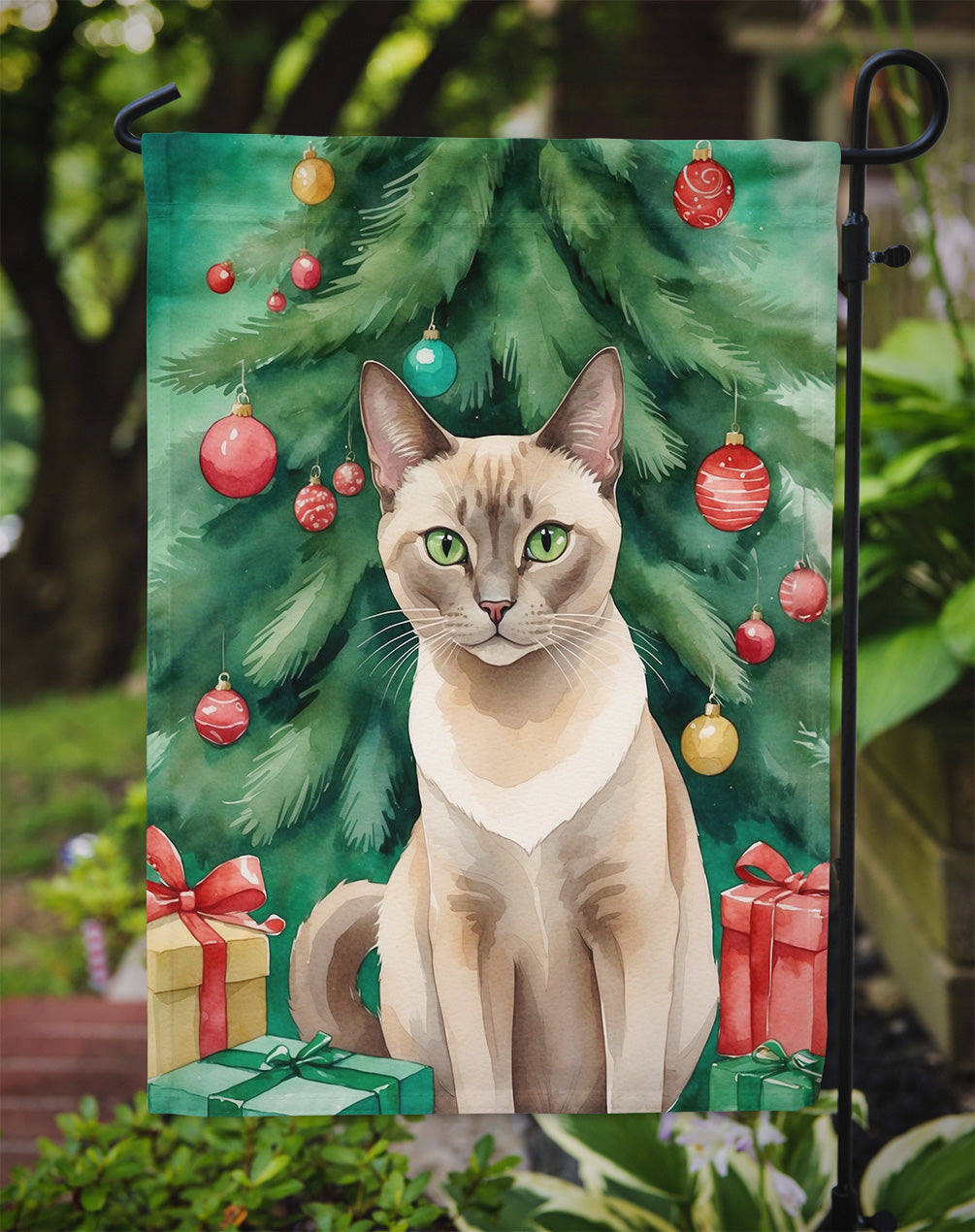 Tonkinese Cat By the Christmas Tree Garden Flag