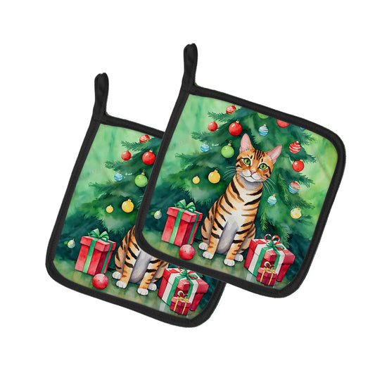 Buy this Toyger Cat By the Christmas Tree Pair of Pot Holders