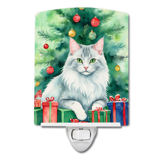 Buy this Turkish Angora Cat By the Christmas Tree Ceramic Night Light