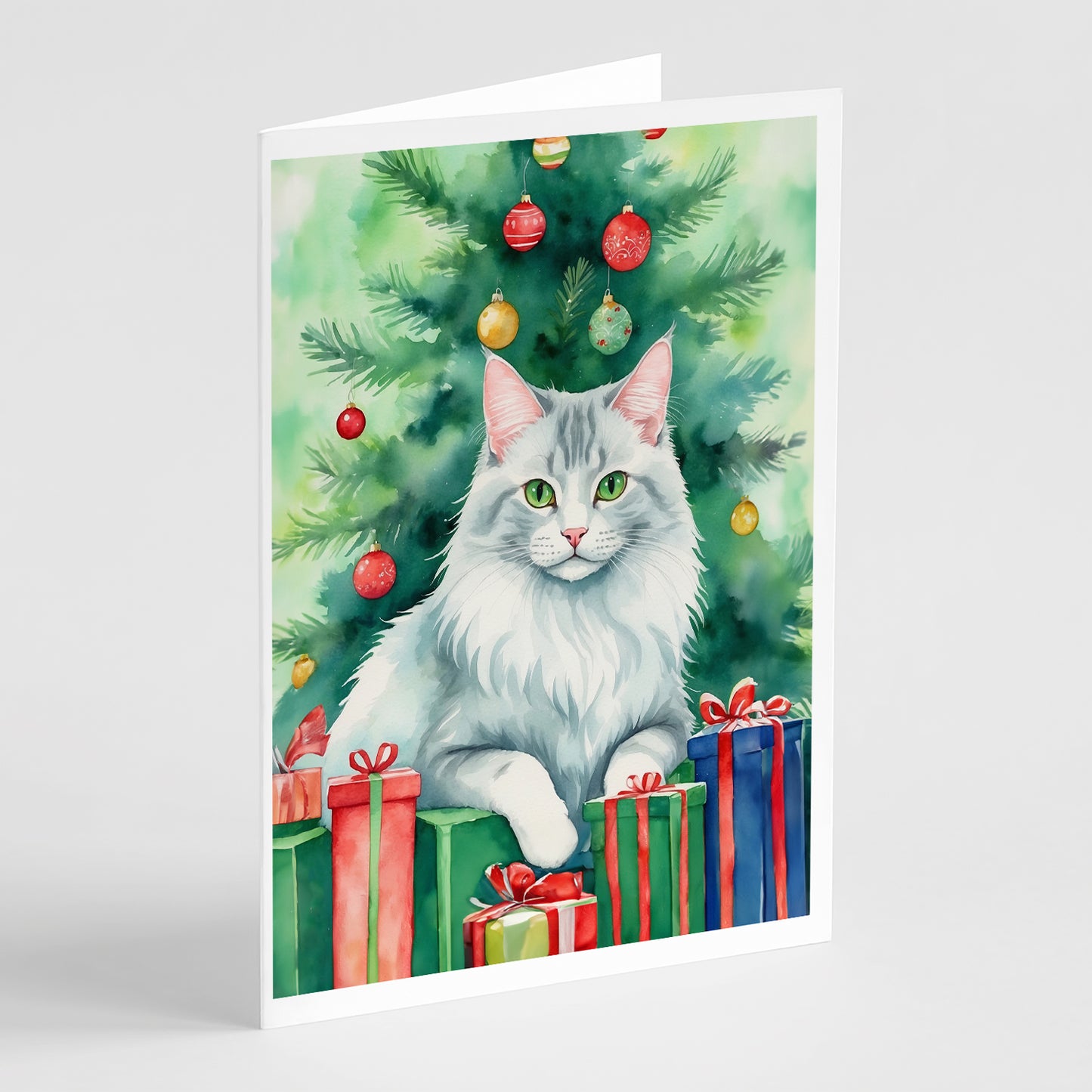 Buy this Turkish Angora Cat By the Christmas Tree Greeting Cards Pack of 8