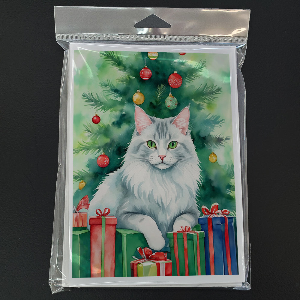 Turkish Angora Cat By the Christmas Tree Greeting Cards Pack of 8