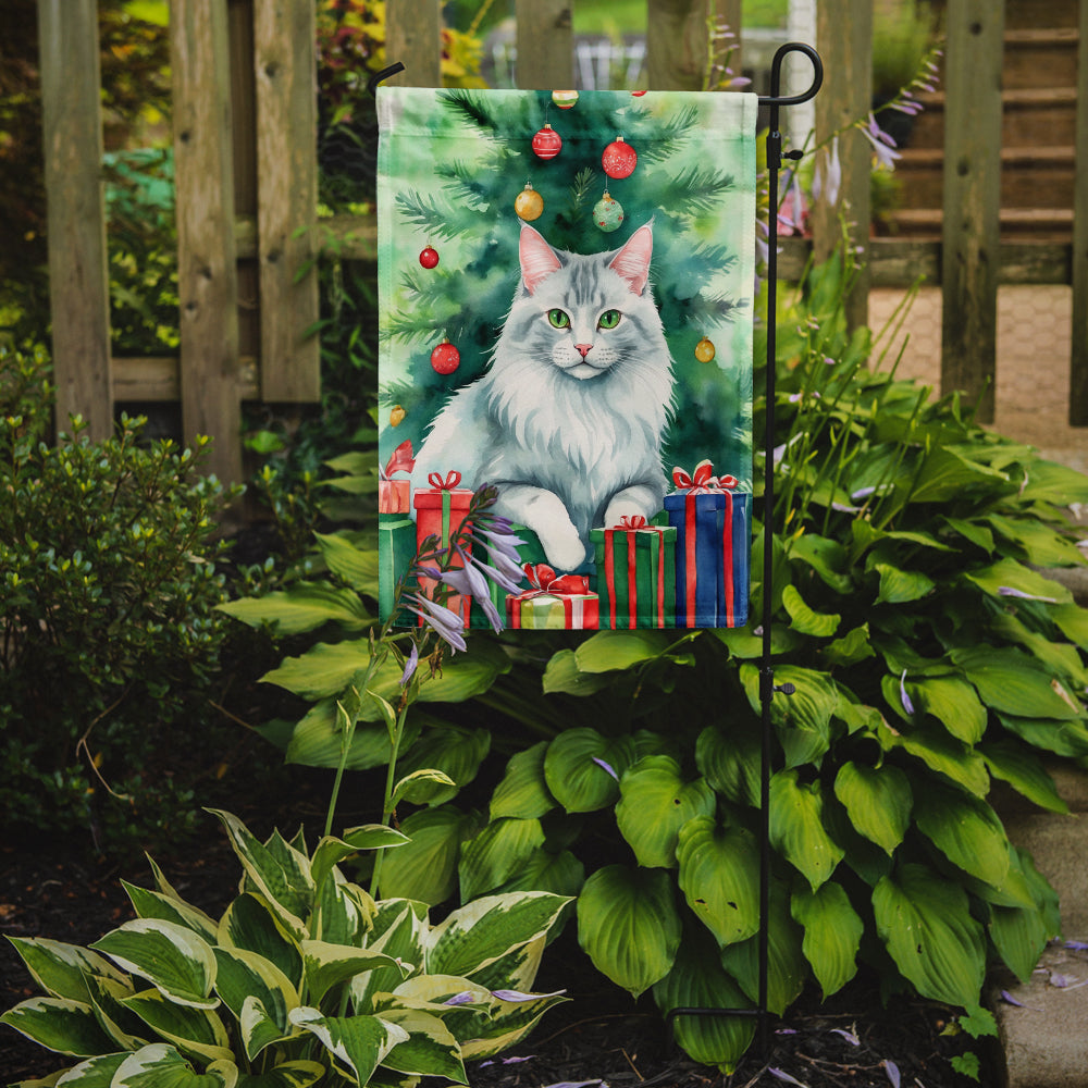 Turkish Angora Cat By the Christmas Tree Garden Flag