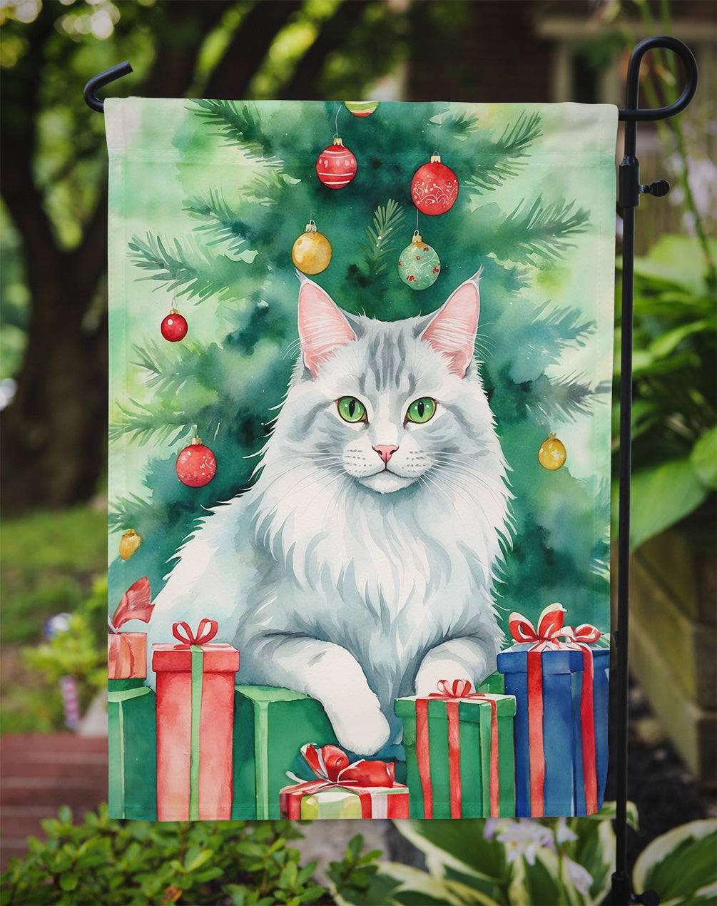 Turkish Angora Cat By the Christmas Tree Garden Flag